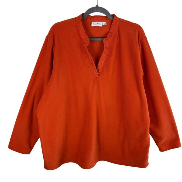 D & Co. Orange Long Sleeve Split Neck Beaded Embroidered Trim Fleece Pullover 1X - Picture 1 of 5